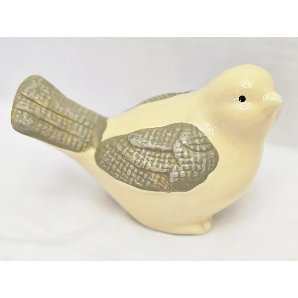 Rustic Ceramic Bird Figurine - Farmhouse Shelf Sitter Decor Yellow & Olive Green